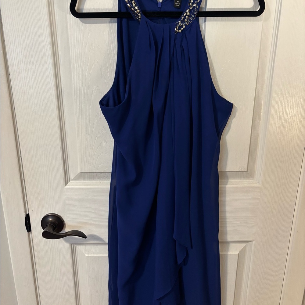 SLNY Blue Embellished Halter Sundress